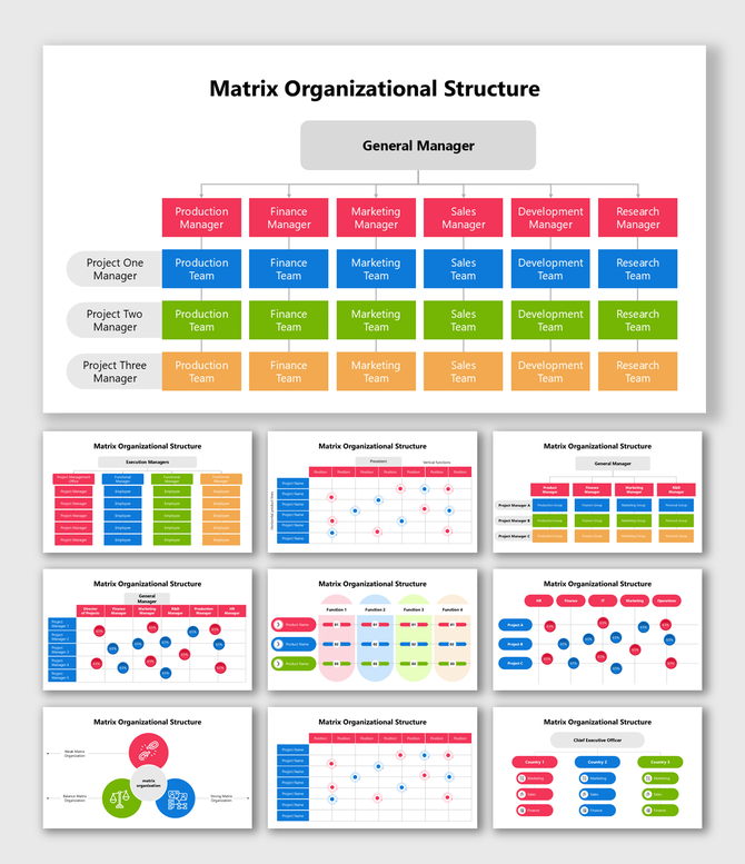 Matrix Organizational Structure showing general manager, project managers, production, finance, sales, and marketing teams.
