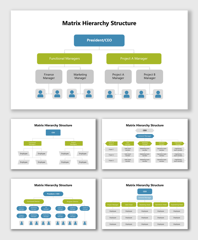 Matrix Hierarchy Structure showing CEO, functional and project managers, finance, marketing, operations, and staff teams.