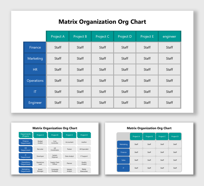 Matrix Organization Org Chart showing finance, HR, IT, marketing, operations teams linked with project roles and staff.