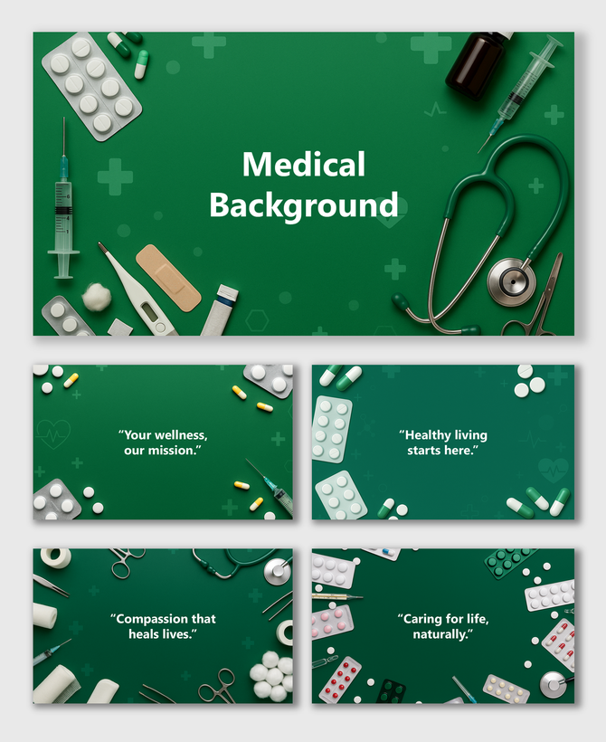 Abstract Green Medical Background with pills, syringe, stethoscope, tools and quote text holders on green layout.