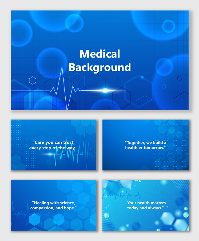 Blue Medical Background with heartbeat line, hexagon patterns, glowing circles and health quote text layout.