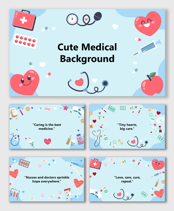 Cute medical background slides with smiling hearts, stethoscope, syringe, pills, first-aid kit and pastel blue layout.