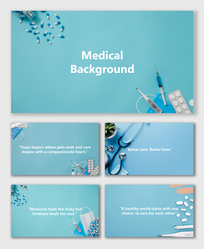 Medical Background Images with blue theme, pills, syringe, stethoscope, masks and clean layout.