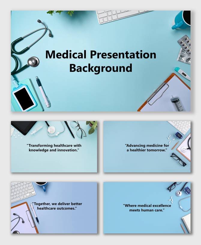 Medical background presentation with blue layout, stethoscope, pills, keyboard, clipboard, and healthcare visuals.