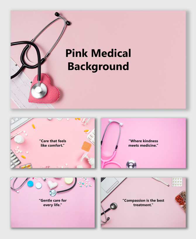 Pink Medical Background with stethoscope, pills, heart shape, and healthcare tools on soft pink backdrop.