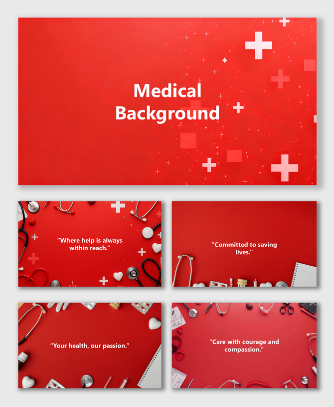 Red medical background slides with stethoscope, pills, and heart icons on bright red layout symbolizing emergency care.