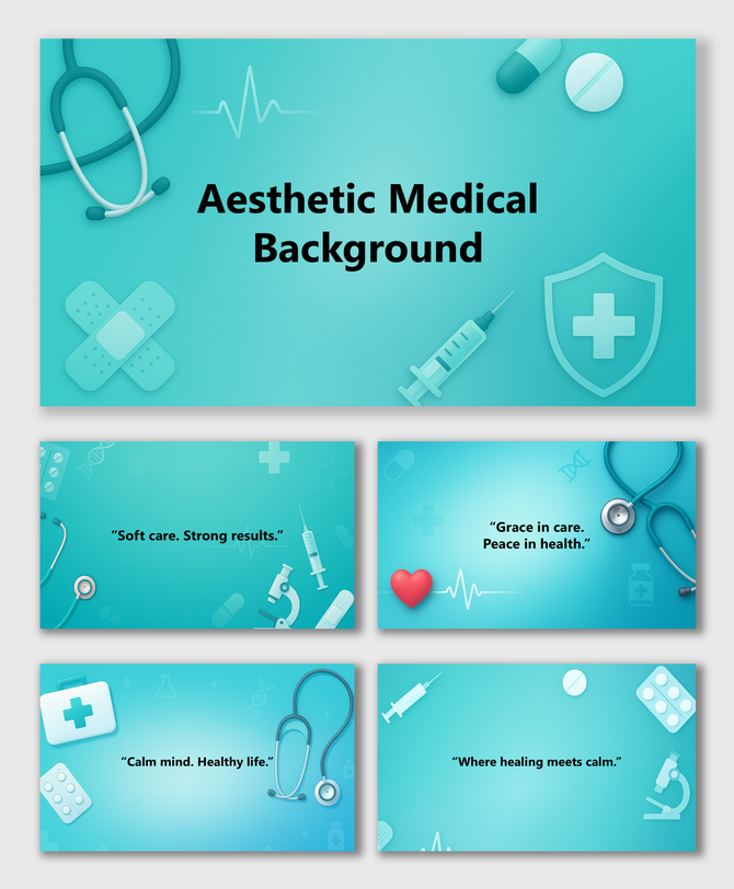 Aesthetic medical background slides with teal gradient, stethoscope, syringe, pills, heart, and healthcare icons.