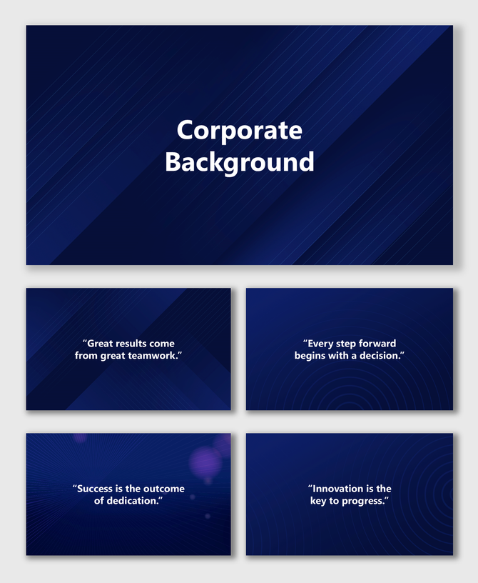 Background for Corporate PPT with dark blue tones, gradient lines, and text holders for business motivation.