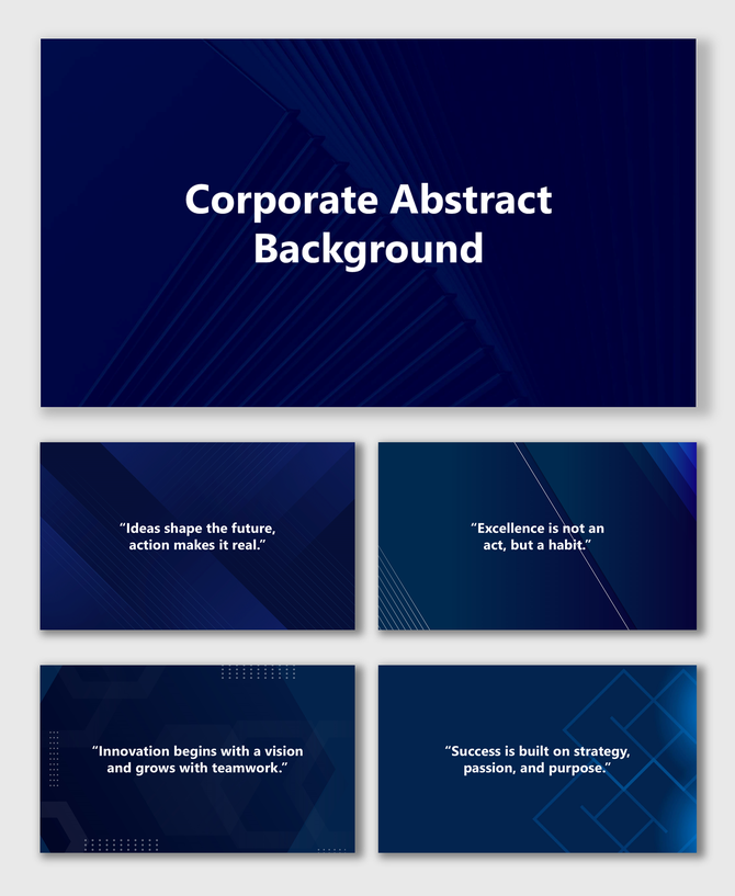 Corporate abstract background slides with dark blue shades, geometric lines, and text holders for business slides.