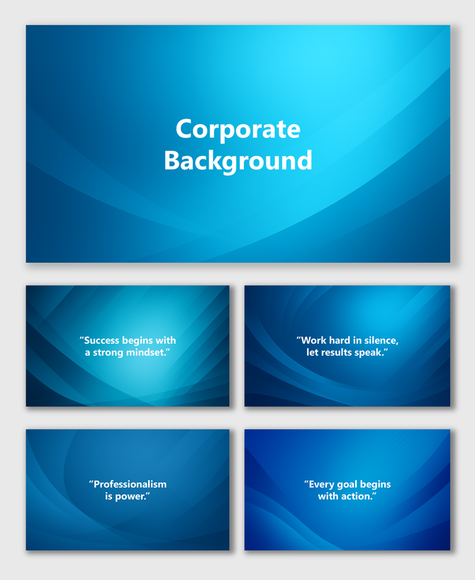 Corporate background pictures slides with blue gradient waves, smooth curves, and text holders for motivational quotes.