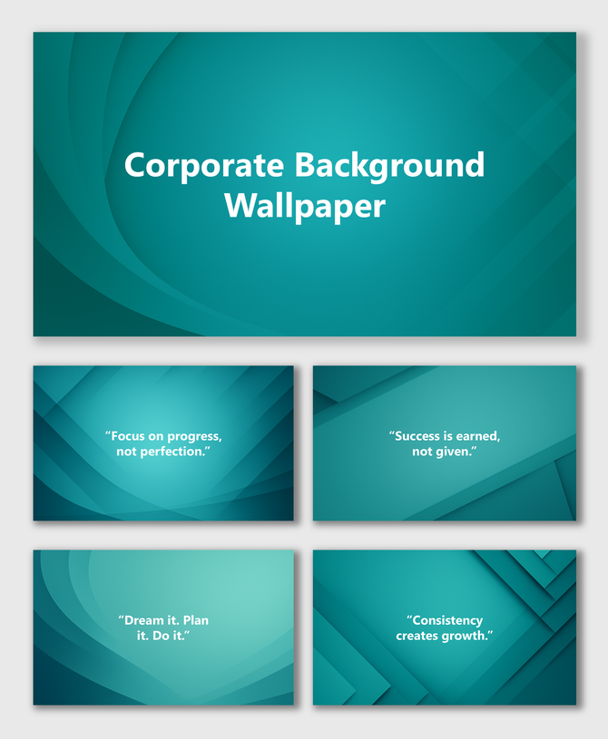 Corporate background wallpaper PPT with teal gradient layers, geometric patterns, and text holders for business slides.