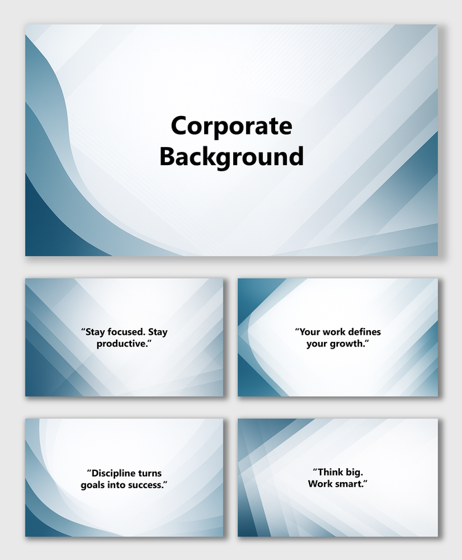 Corporate desktop background slides with white and blue gradient waves, clean shapes, and text holders for business slides.