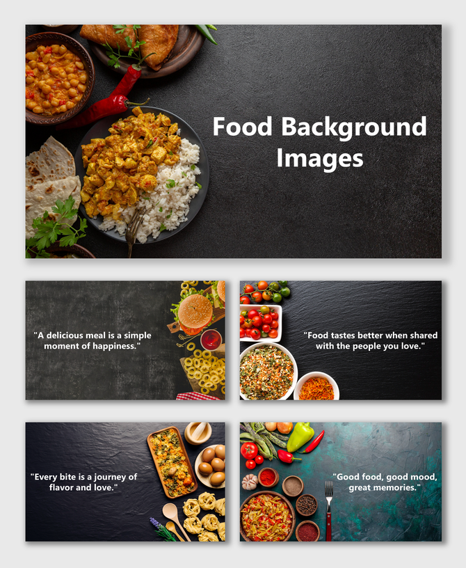 Background Images of Food with plates of rice, curry, vegetables, and pasta on dark textures for cooking slides.