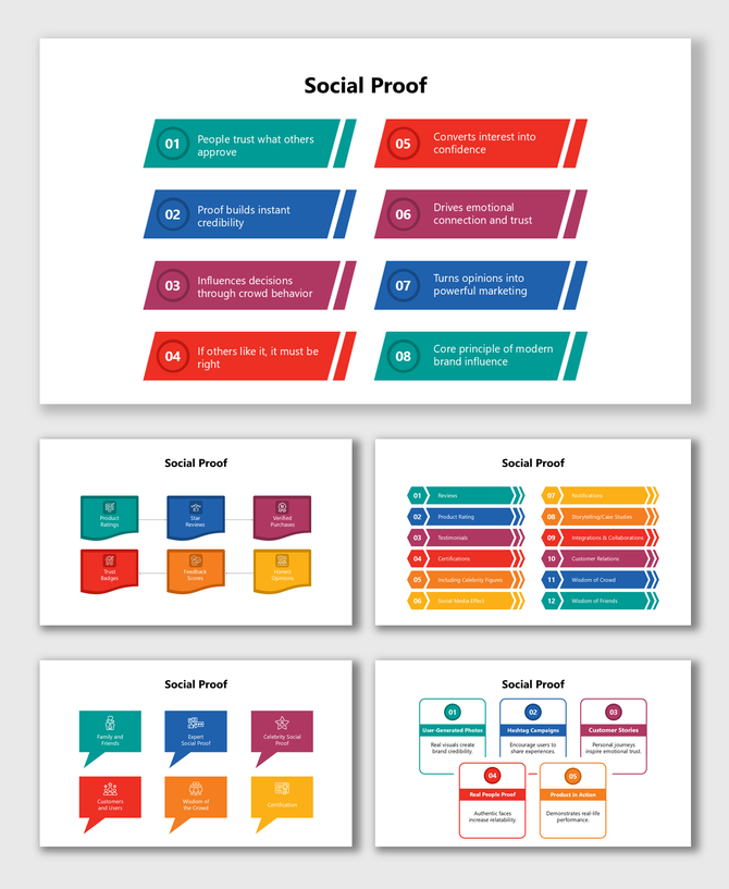 Social Proof presentation showing colorful infographics, review icons, feedback charts, and marketing trust visuals.