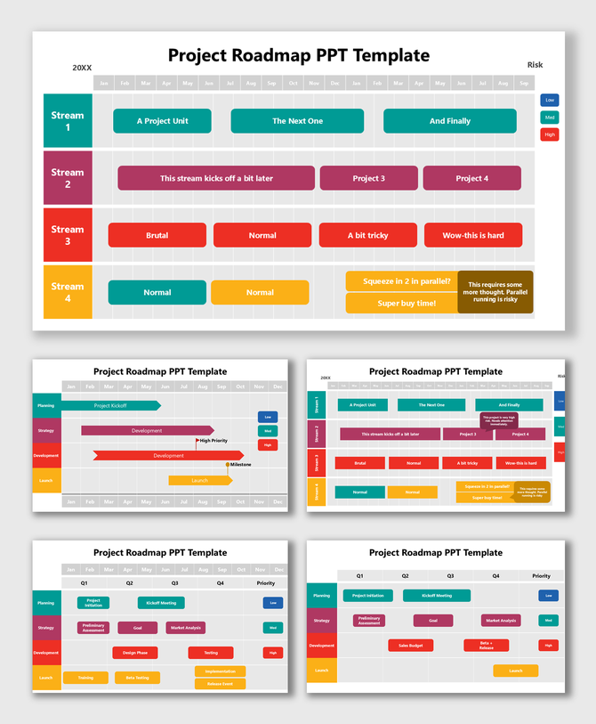 Project Roadmap PPT Template showing multi-phase streams, timelines, color-coded tasks, and priority indicators.