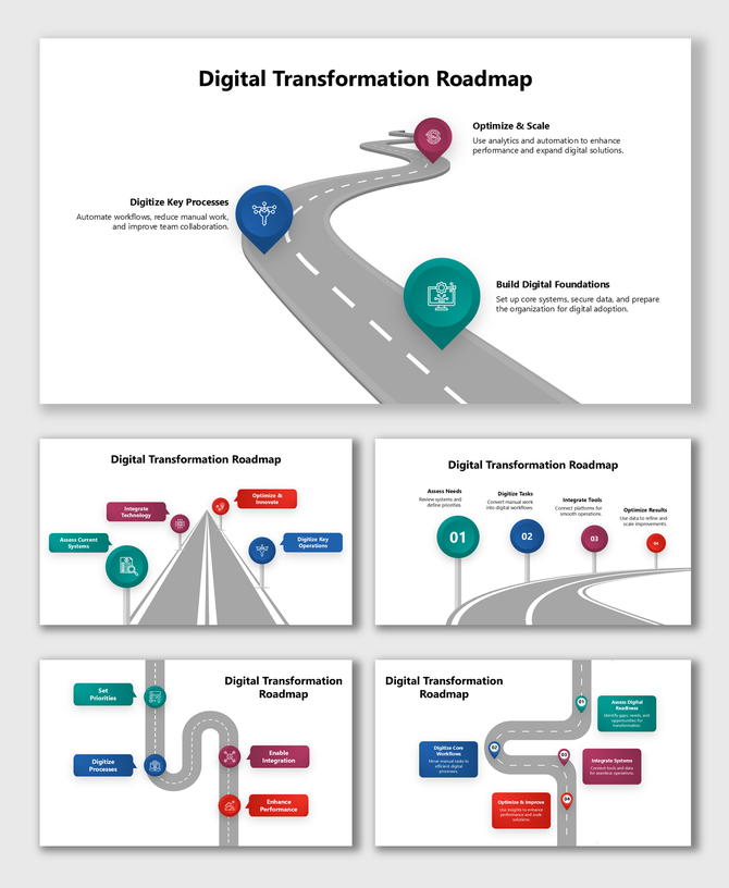 Digital Transformation Roadmap PPT with road graphics, tech icons, and phased steps for digitization, integration.