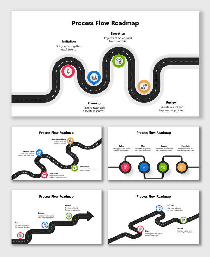 Process Flow Roadmap with icons showing initiation, planning, execution, review stages across curved road paths.