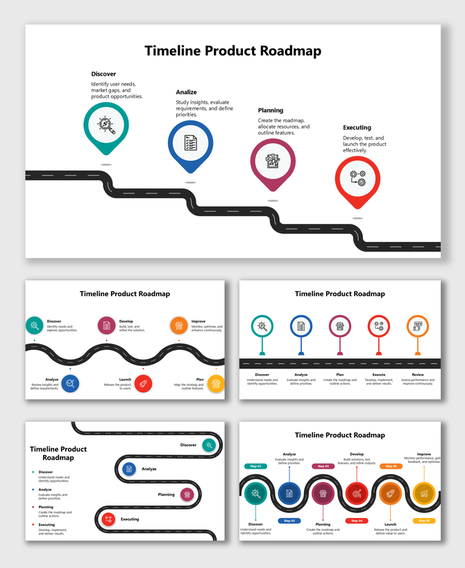 Timeline Product Roadmap with curved road, icons, and labeled steps for discover, analyze, plan, execute stages.