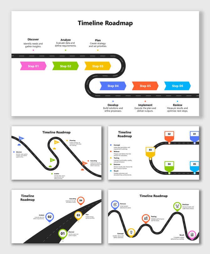 Timeline Roadmap PowerPoint showing curved road, colorful steps, icons, and clear stages from discover to review.