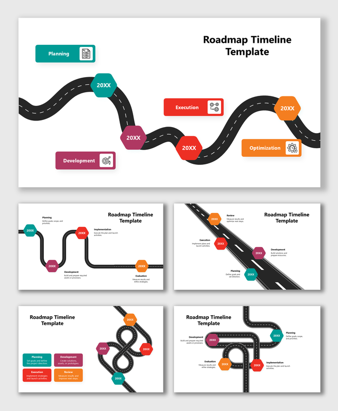 Roadmap Timeline Template PowerPoint with winding road, year labels, planning, development, execution, optimization steps.