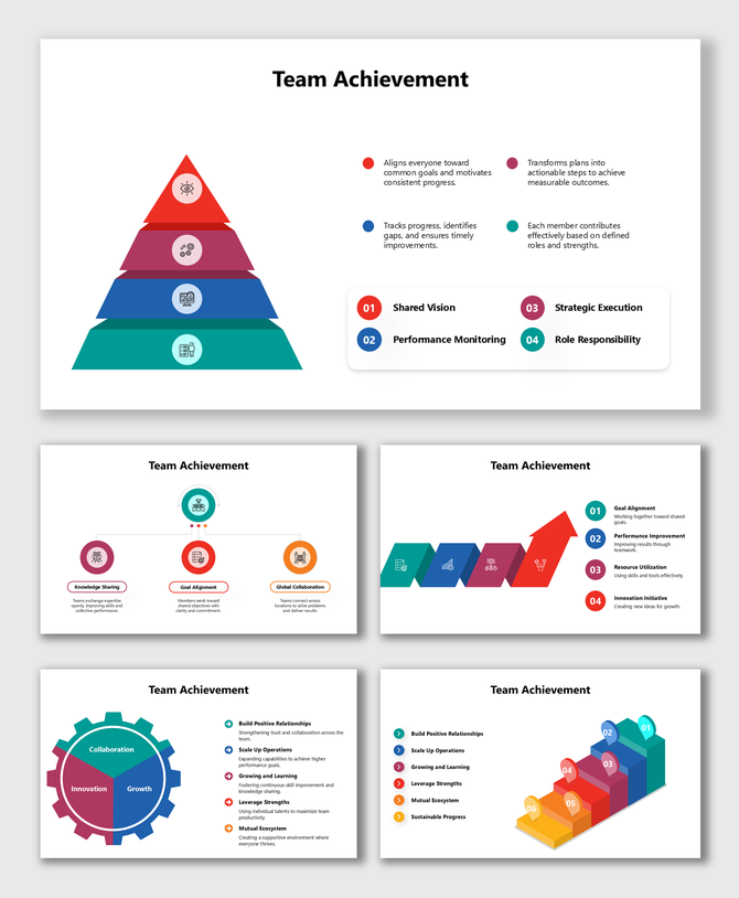 Team Achievement template with pyramid, steps, icons, and colorful charts showing goals, collaboration, growth, and success.