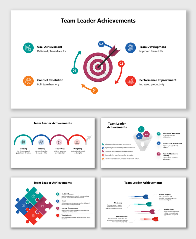 Team Leader Achievements template with target graphics, arrows, icons, and steps showing goals, development, performance.