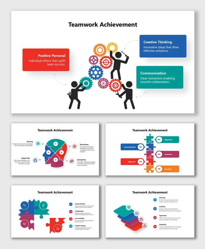 Teamwork Achievement Examples with puzzle graphics, gears, icons, and points highlighting teamwork, skills, and success.