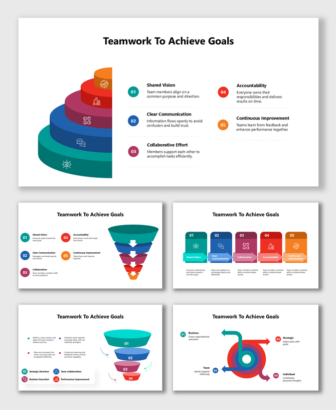 Teamwork to Achieve Goals templates showing shared vision, clear communication, collaboration, accountability, improvement.