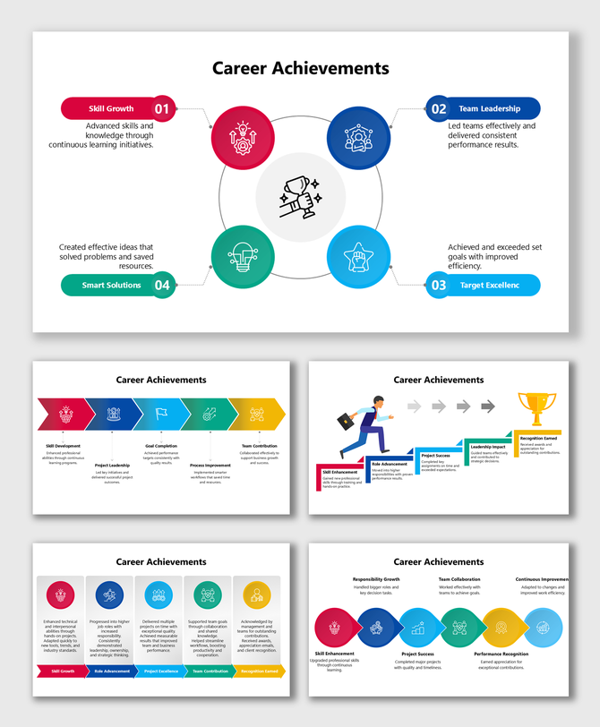 Career achievements showcasing skill growth, leadership, project success, team contribution, and recognition milestones.