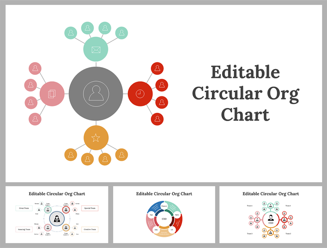 Circular organizational chart with five color-coded sections branching out from a central circle, each with caption area.