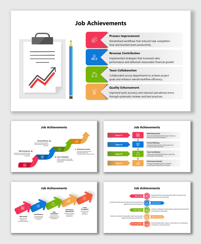 Job achievements including process improvement, revenue contribution, team collaboration, and quality enhancement.