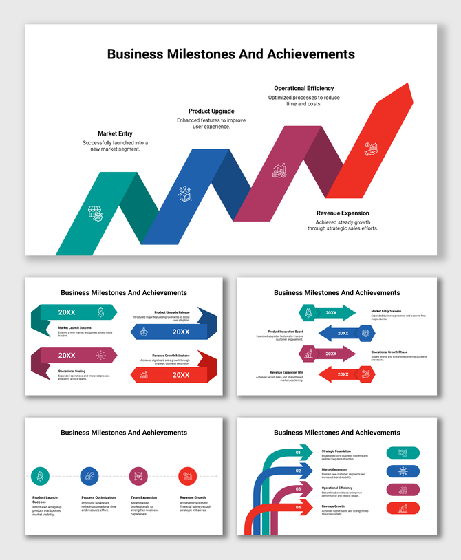 Showcase key business growth stages from market entry to revenue expansion, innovation, and operational success.