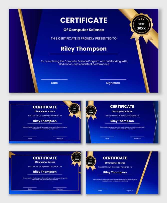 Modern certificate design to honor computer science graduates for skills, dedication, and academic excellence.