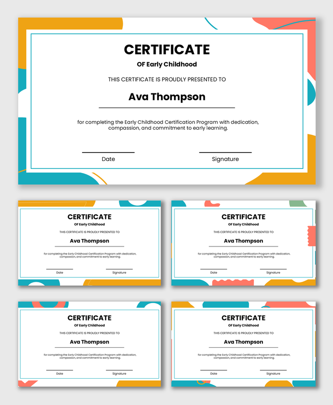Professional certificate design honoring early childhood education completion, dedication, and learning commitment.