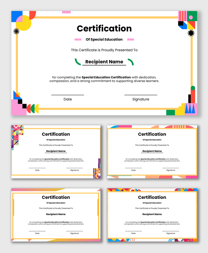 Special education certification honoring dedication compassion inclusive teaching skills and commitment to learner success.