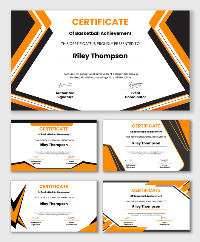 Basketball achievement certificate honoring outstanding performance skill discipline with orange and black modern design.