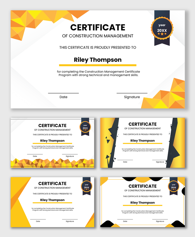 Construction Management Certificate with geometric shapes, year badge, name area, date and signature fields.
