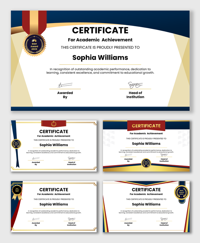 Academic achievement certificate with blue gold theme, award badge, student name, signatures, and formal layout.