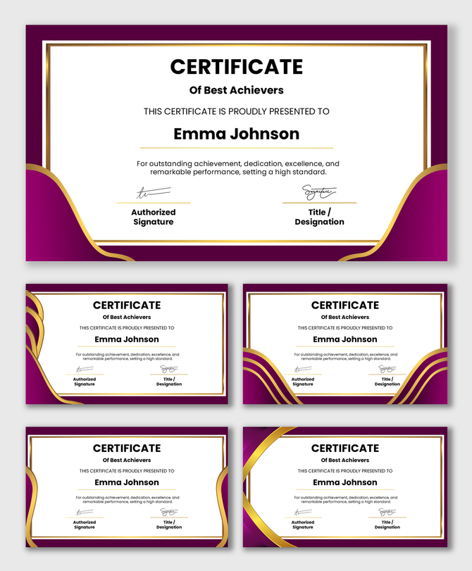 Certificate for achievers with purple gold border, recipient name, achievement text, signature fields, and clean layout.