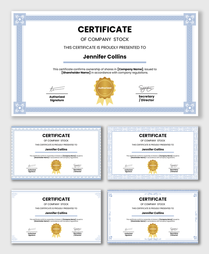 Company stock certificate with blue ornamental border, recipient name, ownership text, seal, and signatures.