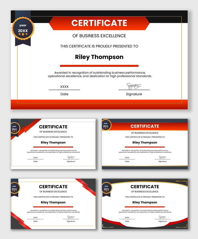 Business Excellence certificate with red and black accents, gold lines, award badge, name field, date, and signature areas.
