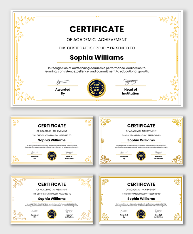 Gold-bordered Academic Achievement certificate with floral corners, name area, award badge, and signature fields.