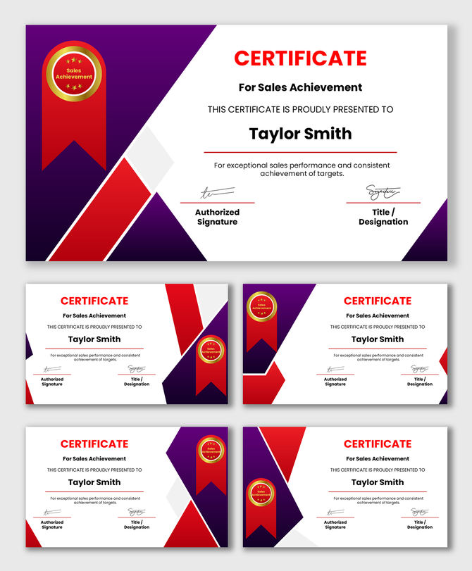Red and purple Sales Achievement certificate with badge, text fields, name placeholder, signature areas, and bold title.