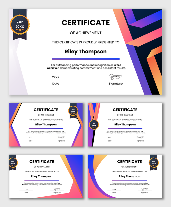 Colorful Top Achiever certificate with geometric shapes, badge, name space, achievement text, date, and signature fields.