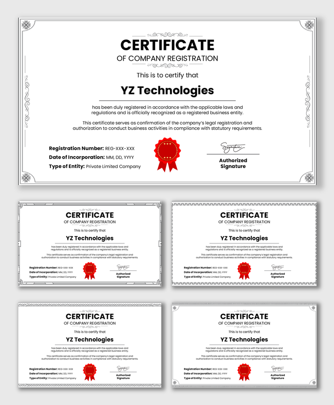 Company Registration Certificate with formal border, business name, details section, red seal, and authorized signature.