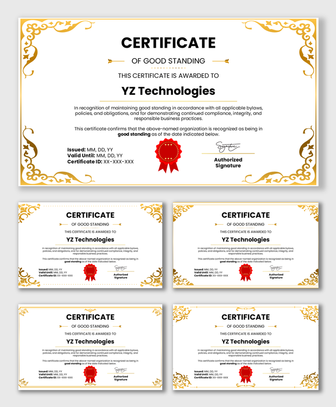 Good Standing Certificate with gold border, business name, text details, red seal, issue info, and signature area.