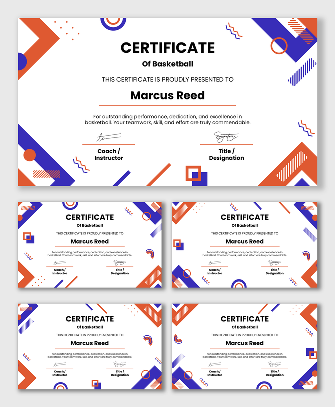 Basketball certificates with red and blue geometric shapes, icons, text fields for name, coach, date, and designation.