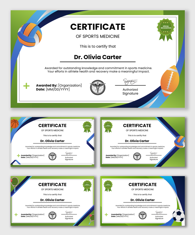 Sports medicine certificates with sports icons, green-blue borders, text fields for name, date, organization, and signature.