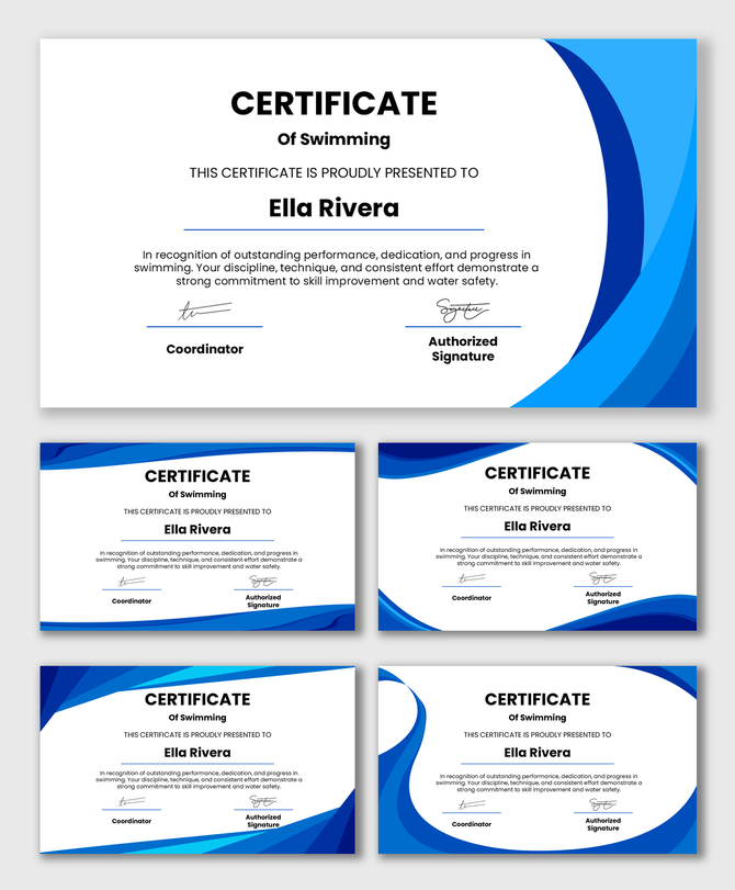 Swimming certificates with blue wave designs, text fields for name, coordinator, signature, date, and achievement message.