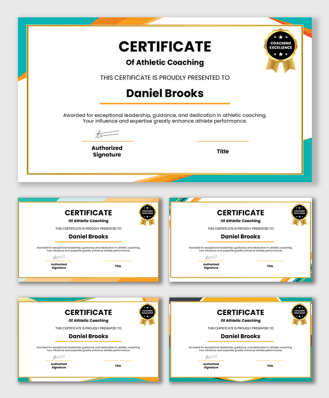 Athletic coaching certificates with gold badge, teal and orange borders, name field, signature lines, and award text.